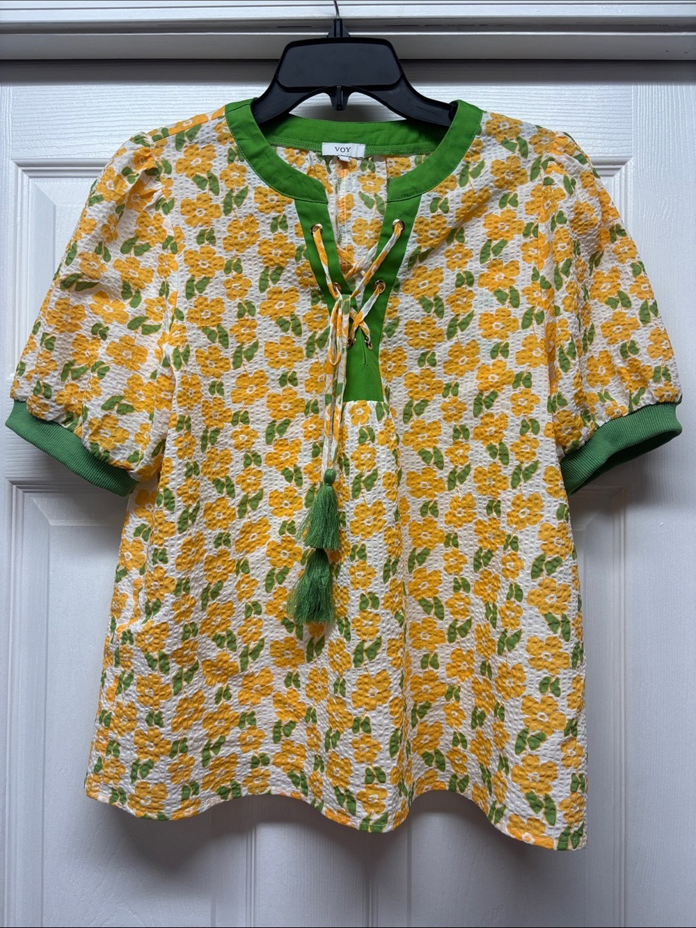 VOY Yellow Lightweight Floral Top with Green Trim Lace up Neck & Gold Grommets M